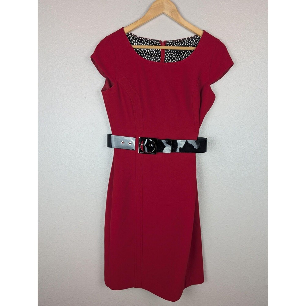 Tahari Arthur S. Levine Dress Womens 4 Red Belted Sheath Cap Sleeve Lined Work